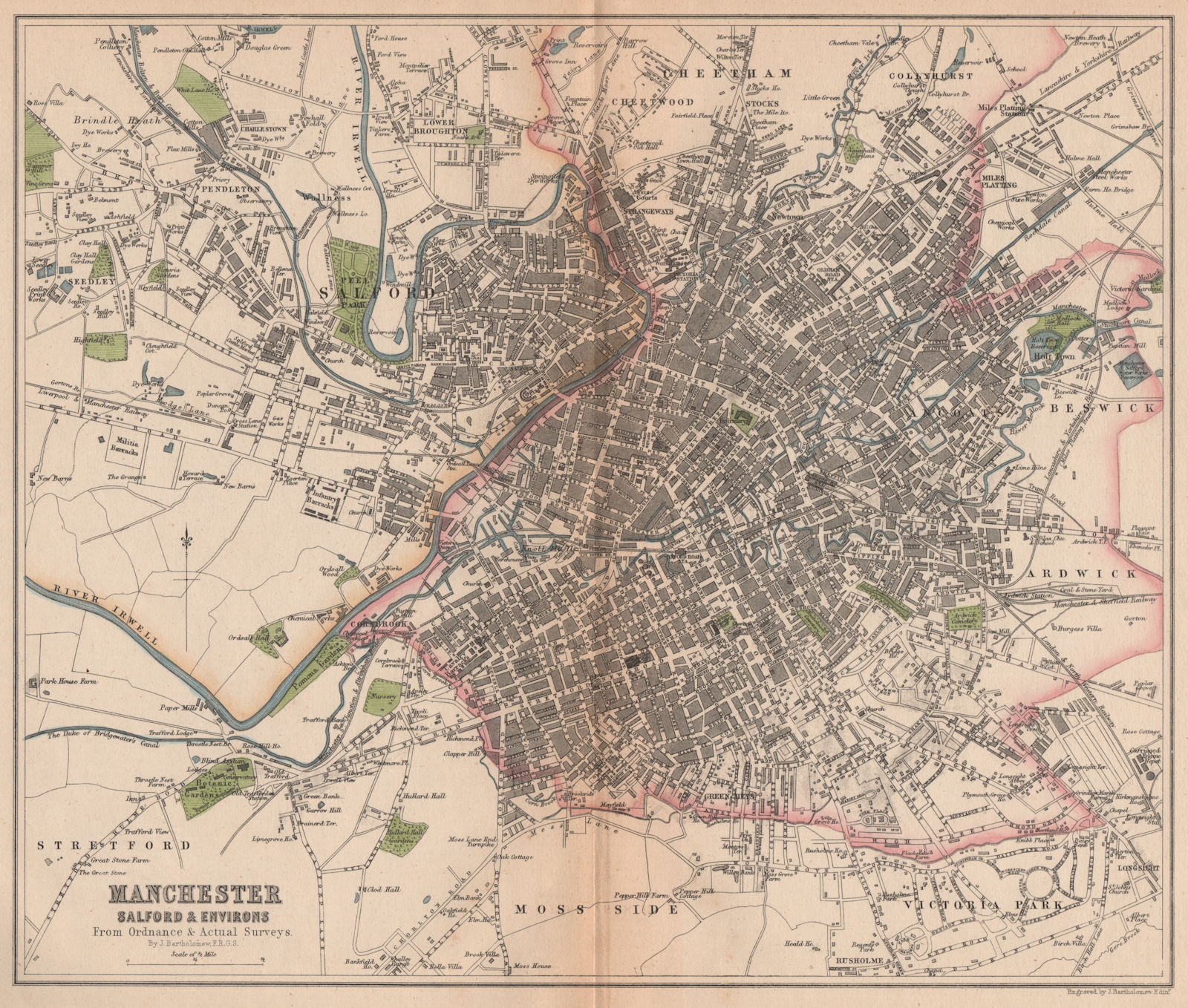 Associate Product MANCHESTER. Antique town city plan. Salford. BARTHOLOMEW 1865 old map