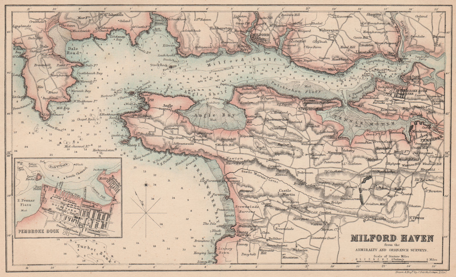 MILFORD HAVEN.Antique sea chart.Pembroke Dock.Pembrokeshire.BARTHOLOMEW 1865 map