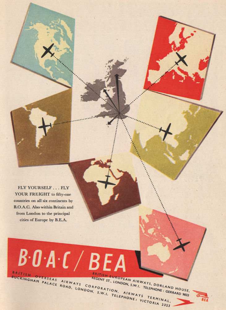 AIRLINE ADVERT. BOAC/BEA.  (Now British Airways)  1951 old vintage print