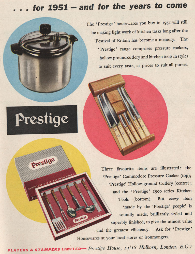 HOUSEWARES ADVERT. Prestige Platers & Stampers. Saucepans. Cutlery 1951 print