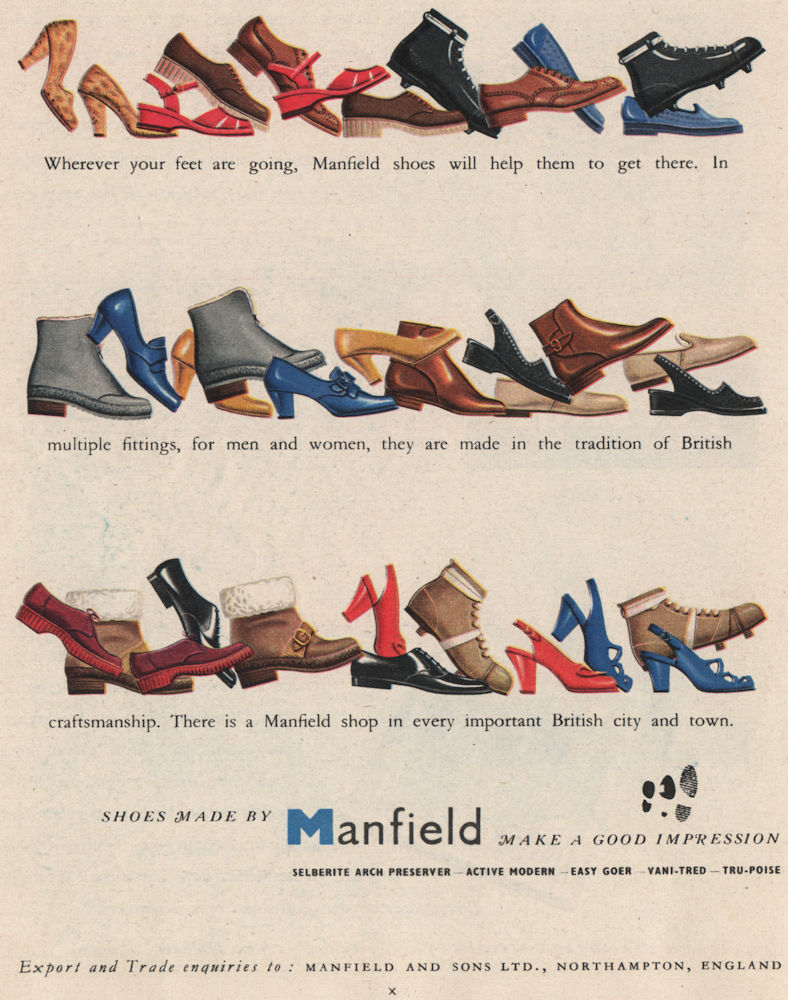 SHOE ADVERT. Manfield & Sons Ltd, Northampton 1951 old vintage print picture