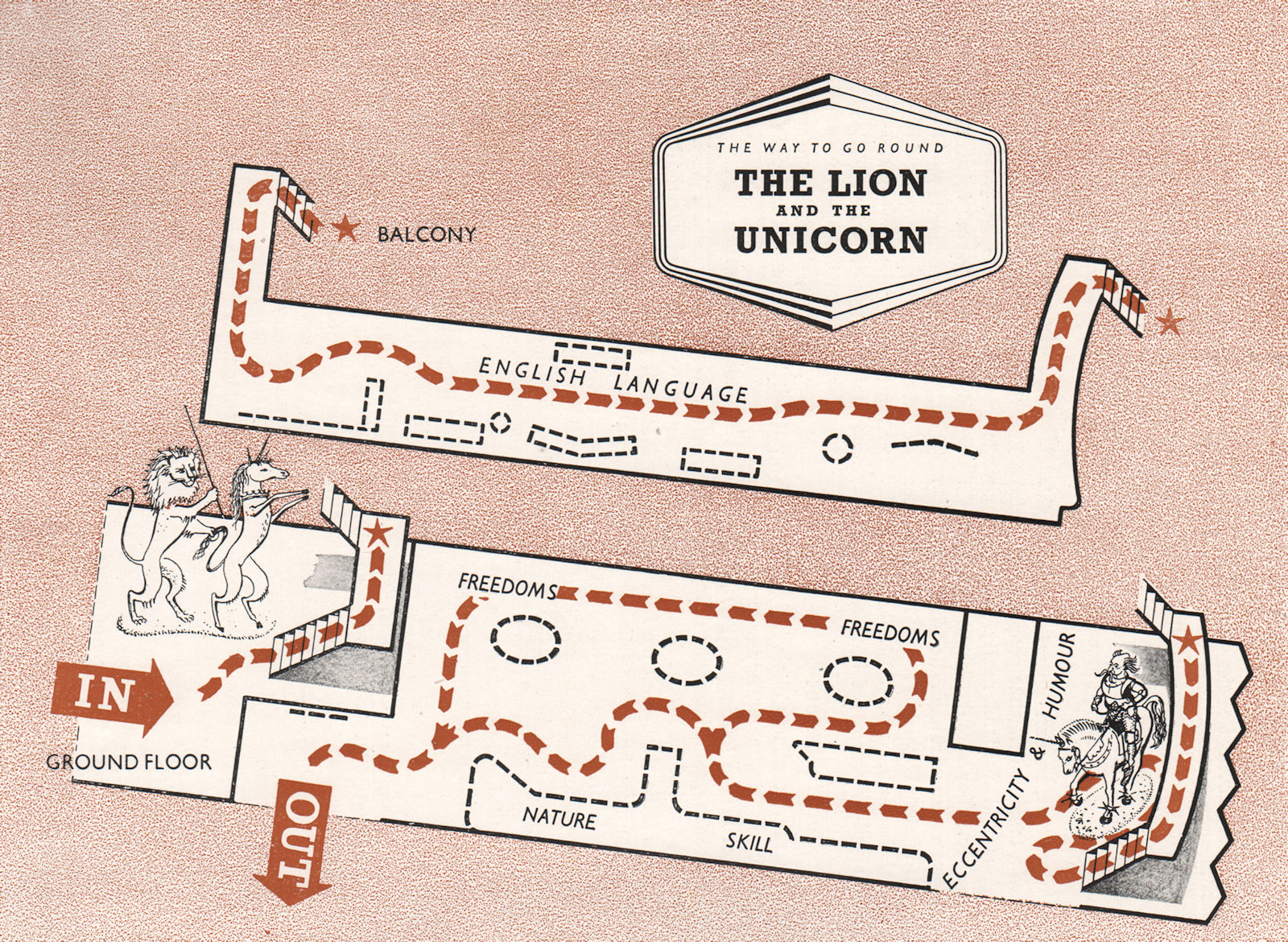 Associate Product FESTIVAL OF BRITAIN. The Lion and the Unicorn exhibit. Tour plan 1951 old map