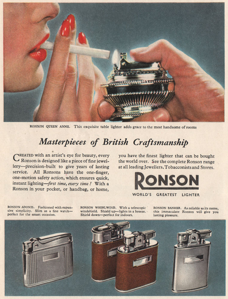 RONSON ADVERT. Cigarette lighters. Ronson Products Ltd 1951 old vintage print