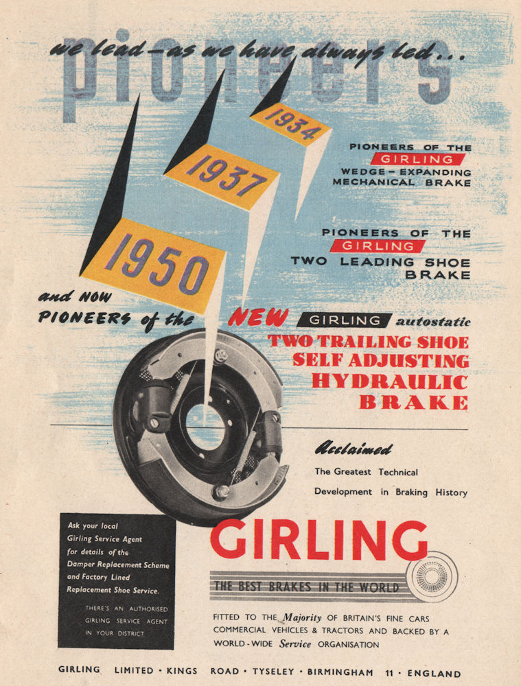 ENGINEERING ADVERT. Girling, Ltd Brakes.  1951 old vintage print picture