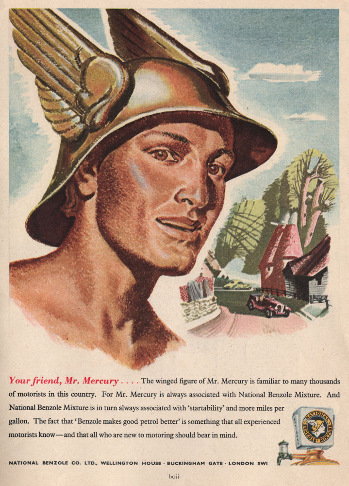 AUTOMOTIVE ADVERT. National Benzole Co. Ltd. Petroleum "Mr Mercury" 1951 print