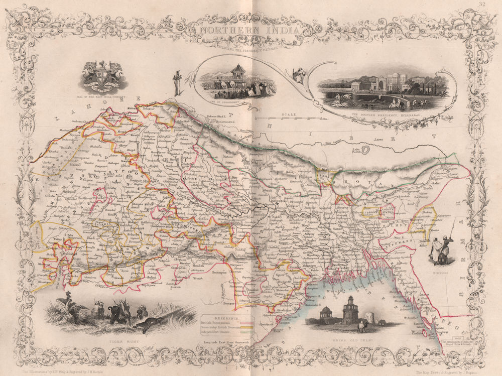 NORTHERN INDIA. British colonies. Nepal Bhutan Bengal. TALLIS/RAPKIN 1858 map