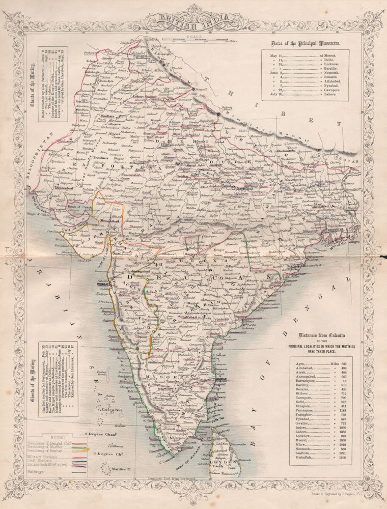 BRITISH INDIA. Railways. Military bases. Mutiny events. TALLIS/RAPKIN 1858 map