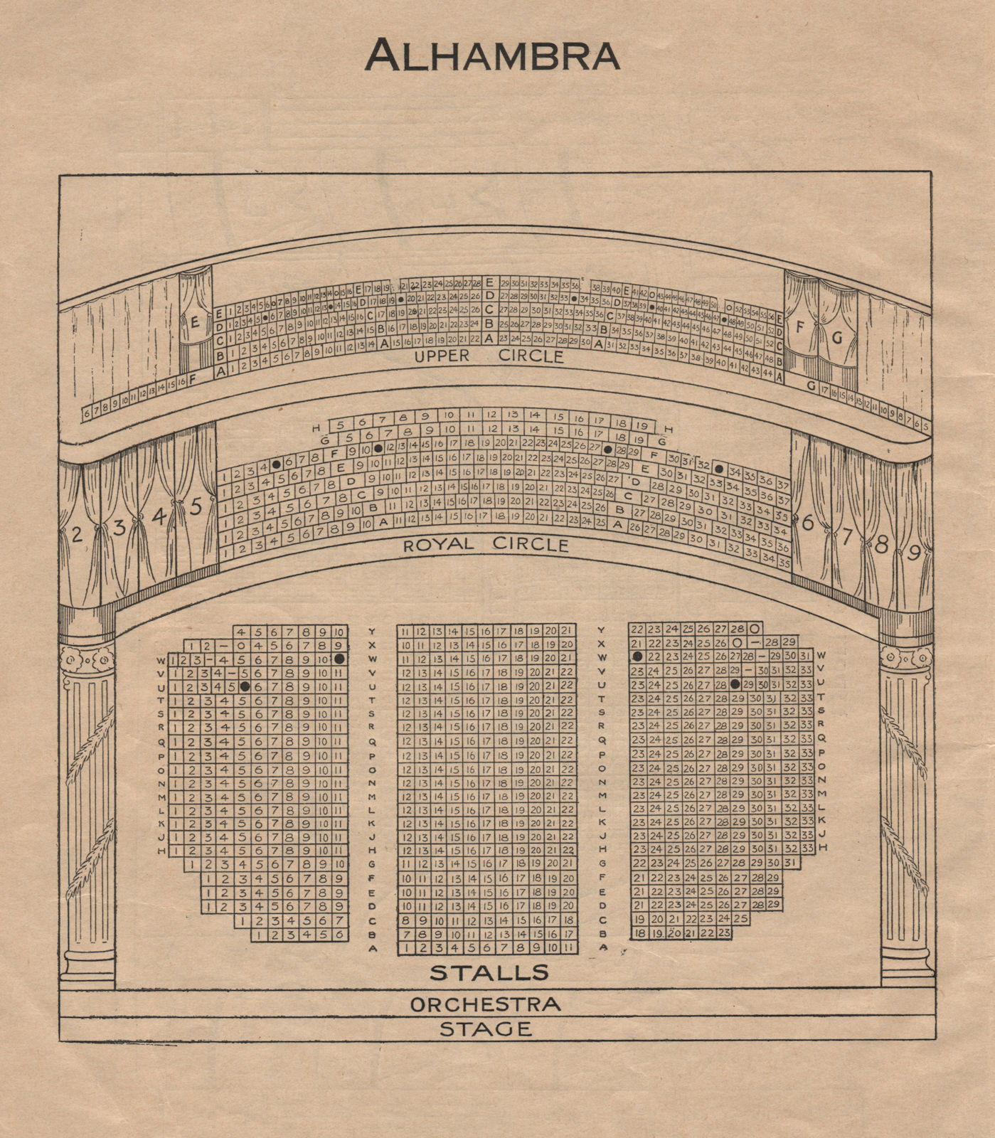 ALHAMBRA THEATRE. Vintage seating plan. London West End. Leicester Square 1936
