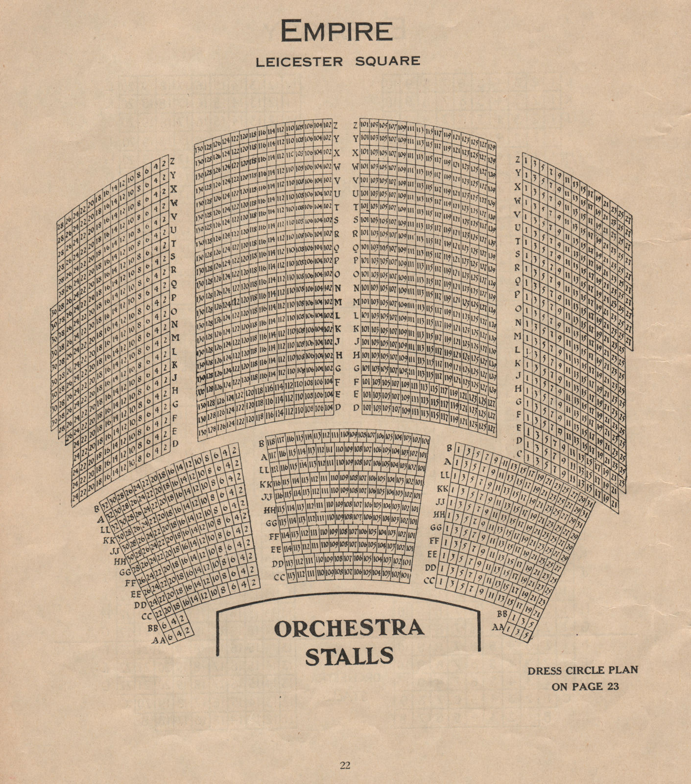 EMPIRE LEICESTER SQUARE. Vintage seating plan. Orchestra Stalls. West End 1936