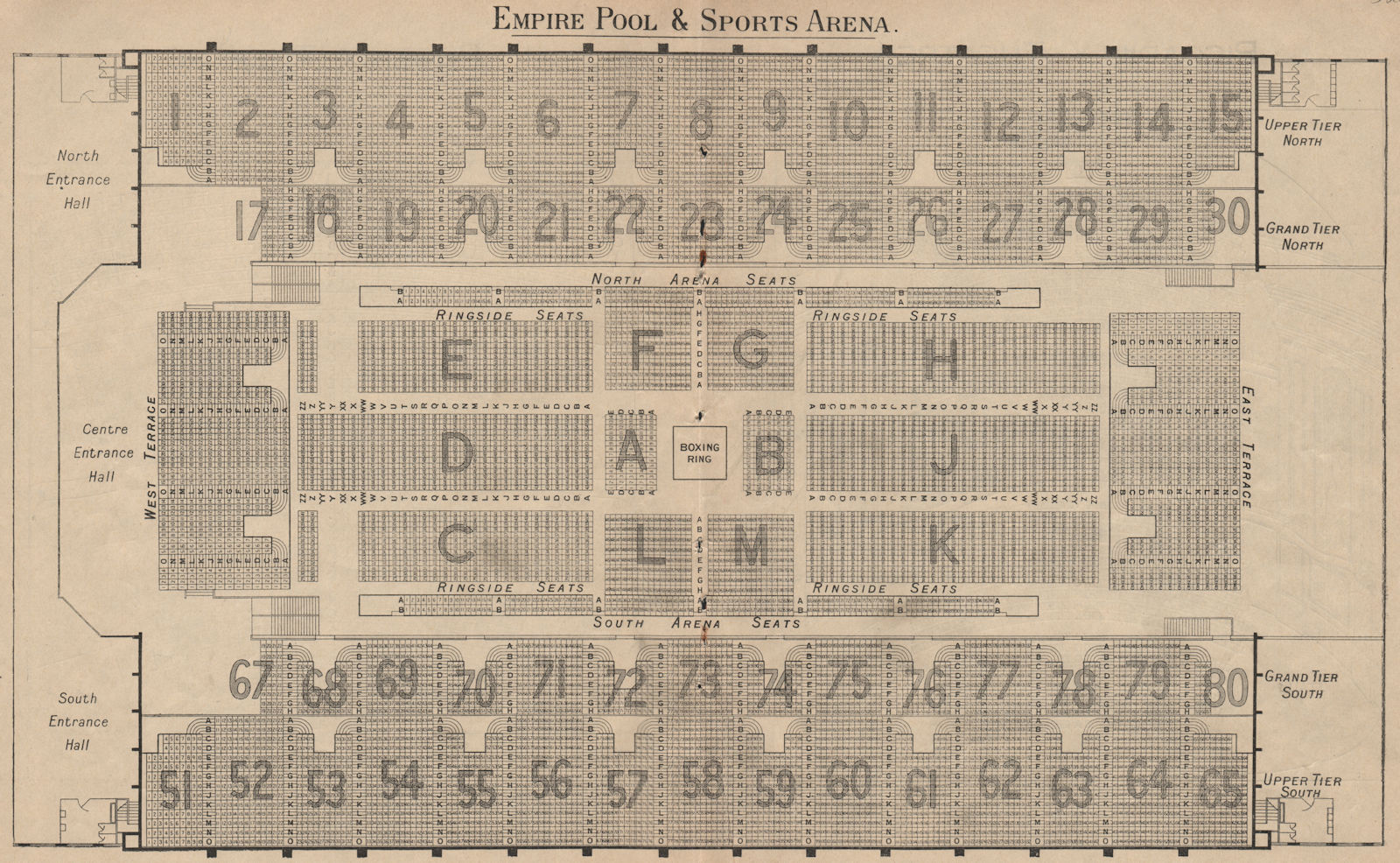 EMPIRE POOL & SPORTS ARENA. Vintage seating plan. Boxing ring. London 1936