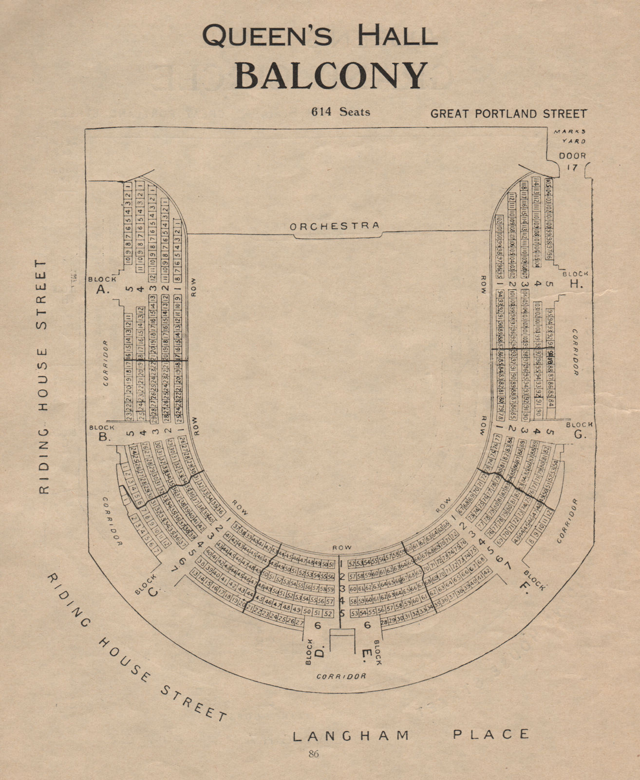 QUEEN'S HALL. Seating plan. Balcony. Concert Hall. Langham Place 1936 print