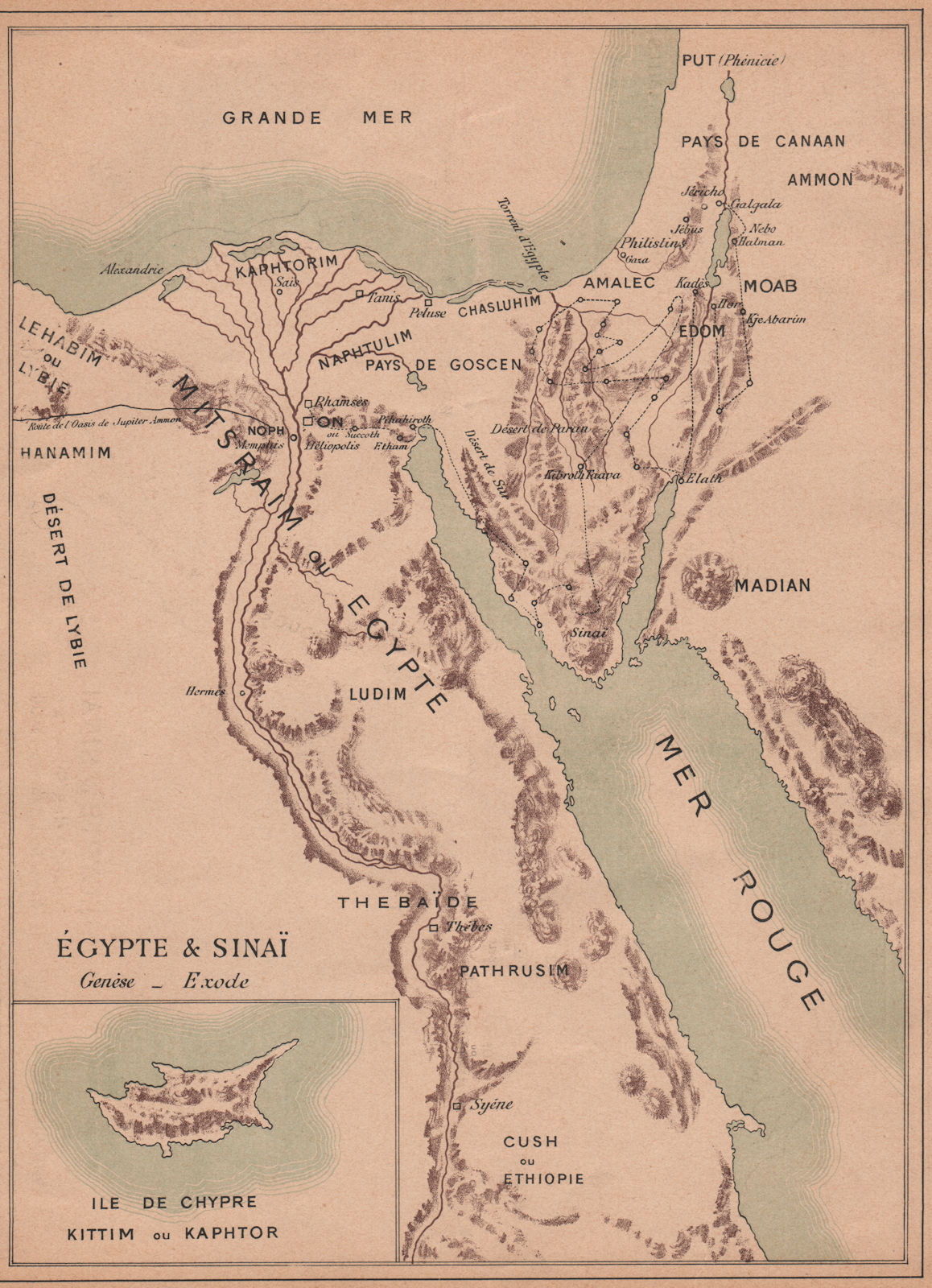 BIBLICAL EGYPT. Egypt & Sinaï Sinai. Cyprus Chypre Kittim Kaphtor 1887 old map
