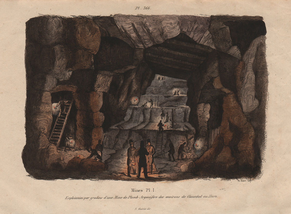 MINING. Lead/Silver mine at Clausthal, Harz mountains 1833 old antique print