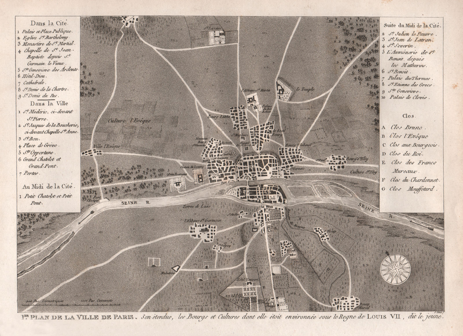 VILLE DE PARIS c1180. sous le regne de Louis VII. City plan. Aquatint 1808 map