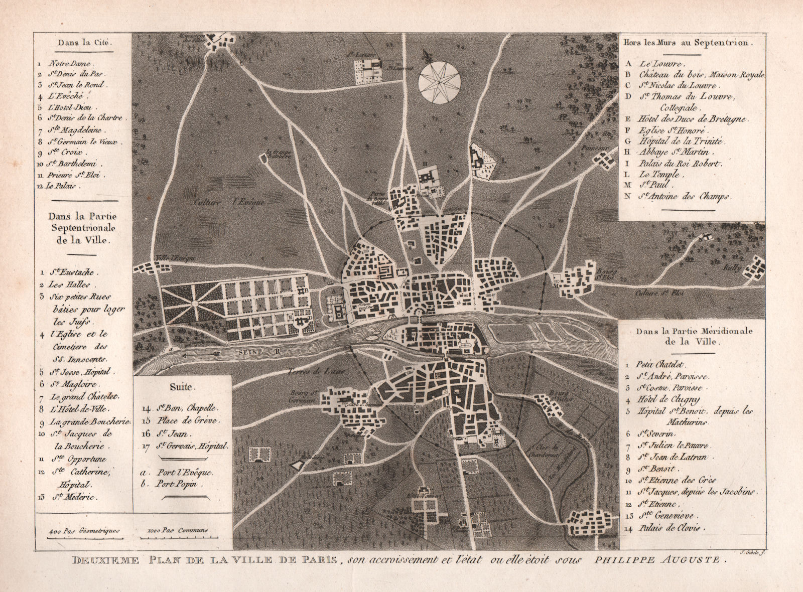 VILLE DE PARIS c1200. sous Philippe Auguste. Town city plan. Aquatint 1808 map
