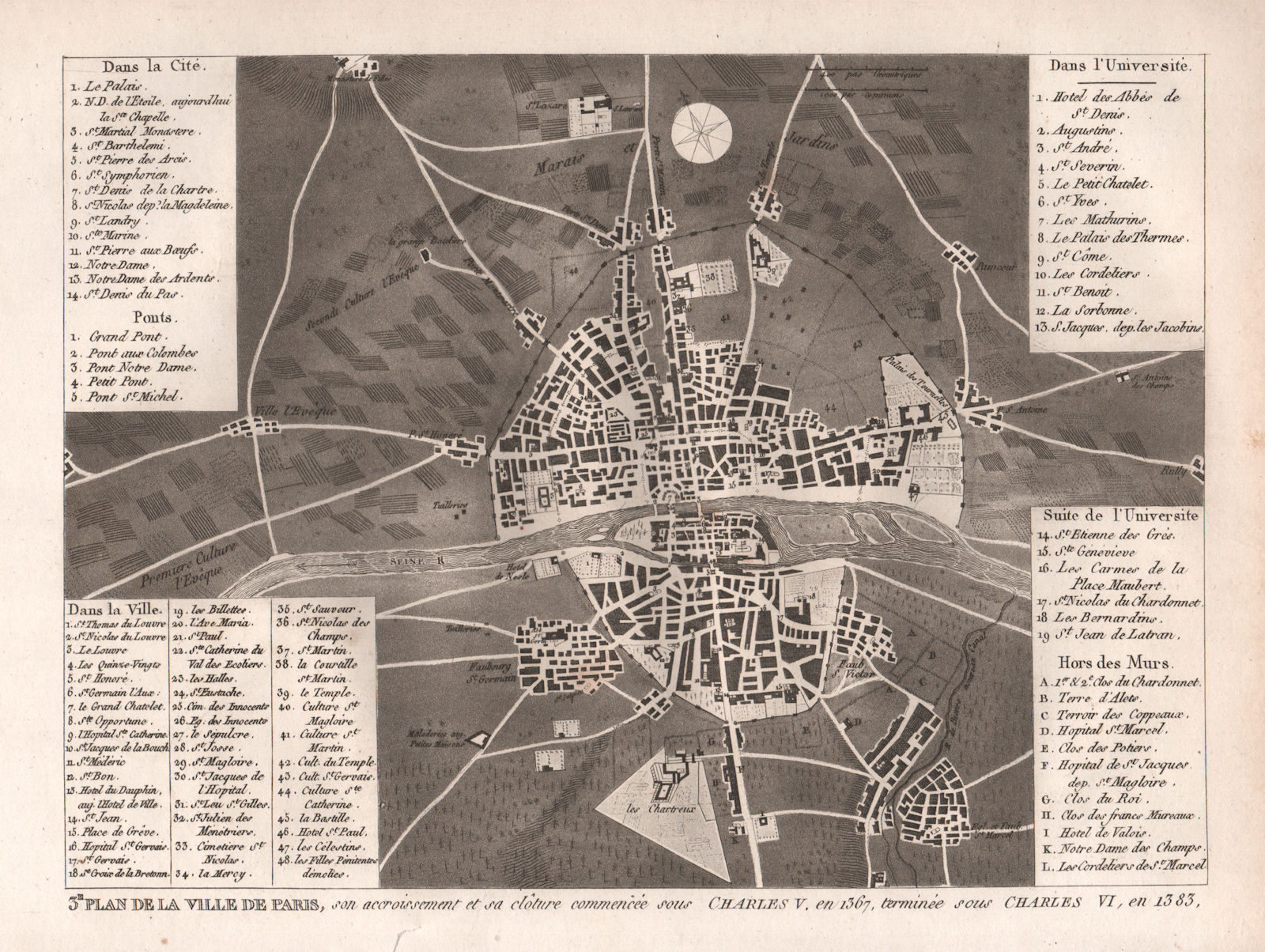 VILLE DE PARIS c1375. sous Charles V & Charles VI. Town city plan 1808 old map