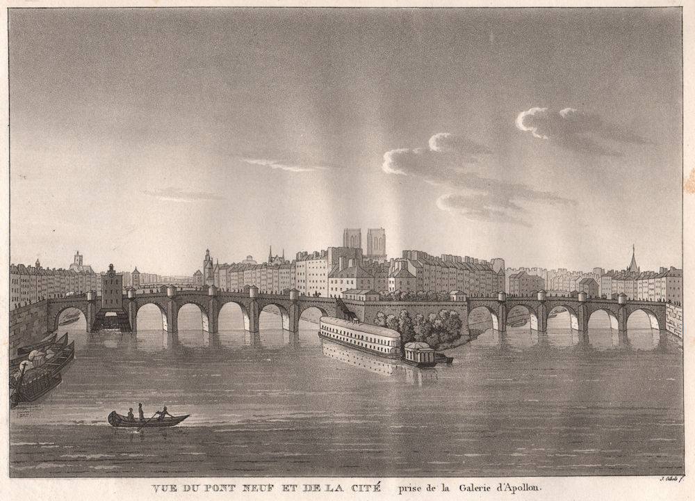 PARIS. Pont Neuf et Ile de la Cité prise de la Galerie d'Apollon. Aquatint 1808