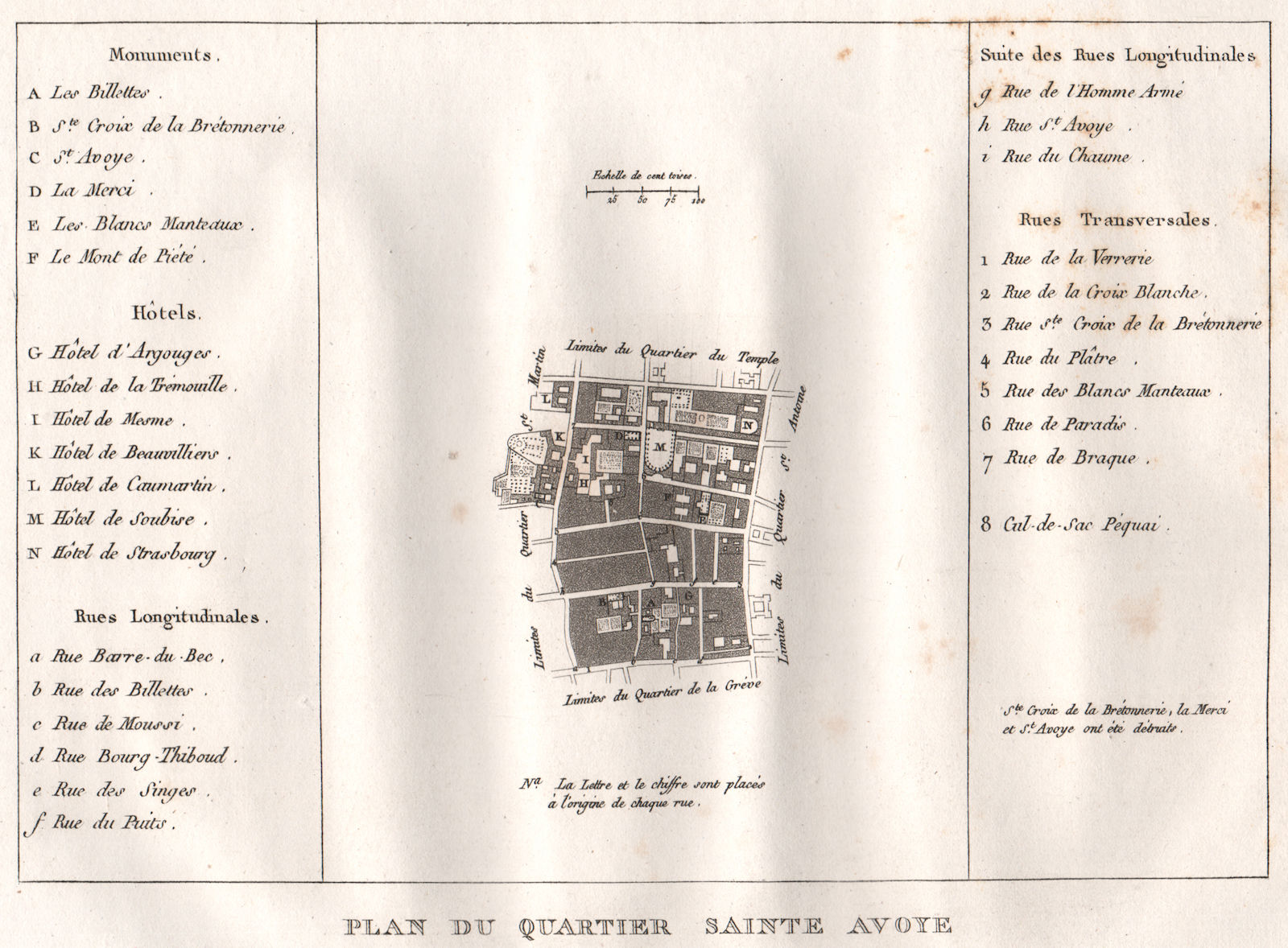 Associate Product PARIS. "Sainte Avoye". Plan du Quartier. St-Merri. 4e. Aquatint 1808 old map