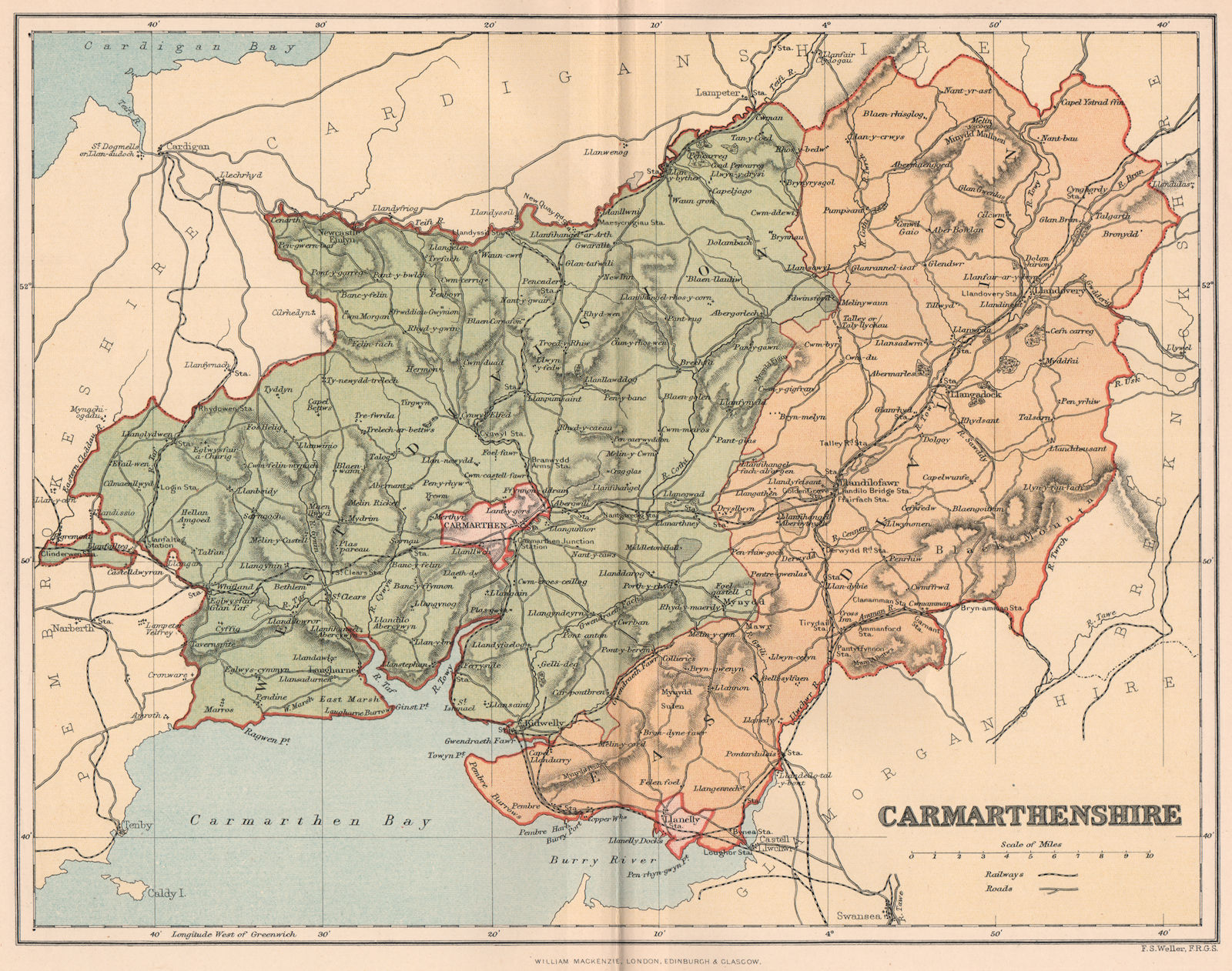 Associate Product CARMARTHENSHIRE. Antique county map. Wales 1893 old plan chart