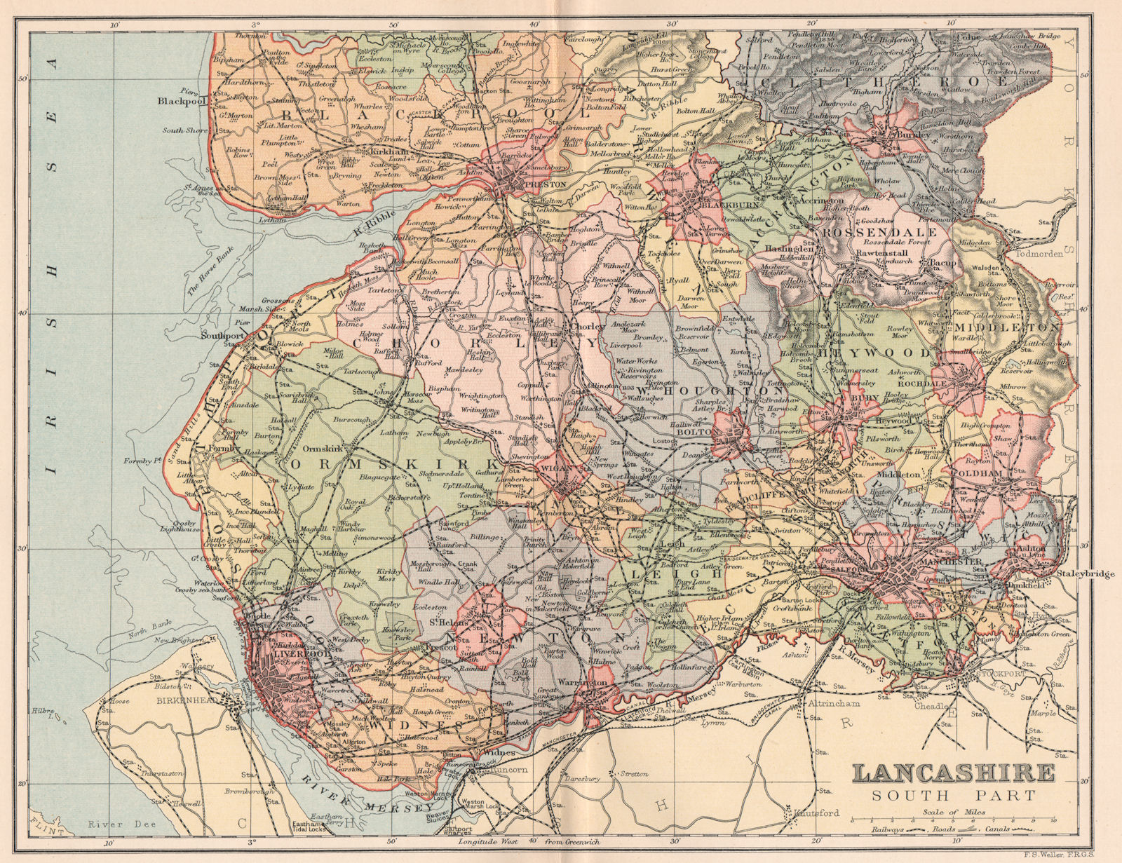 Associate Product LANCASHIRE SOUTH PART. Antique county map 1893 old plan chart