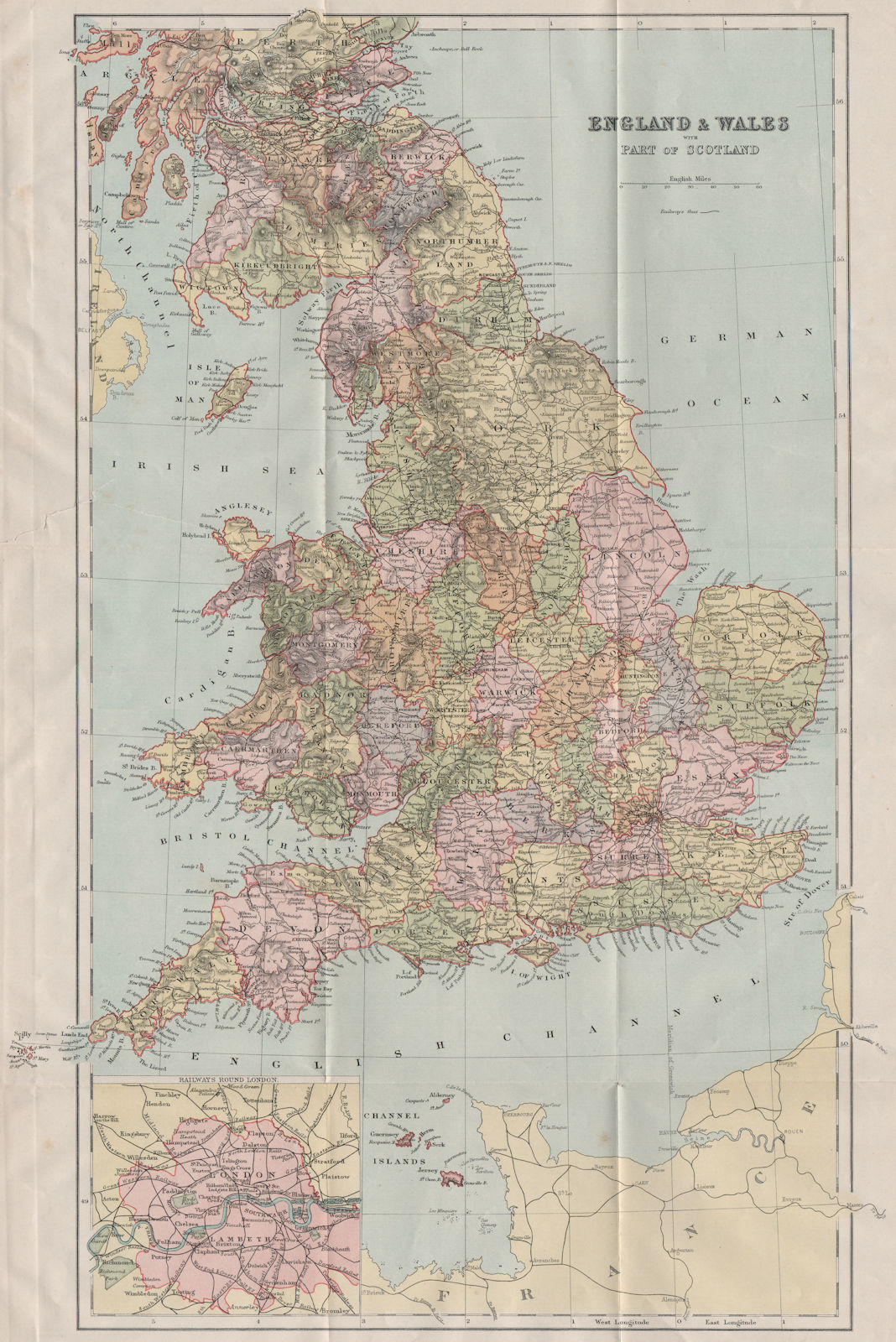 Associate Product ENGLAND & WALES WITH PART OF SCOTLAND. Great Britain 1893 old antique map