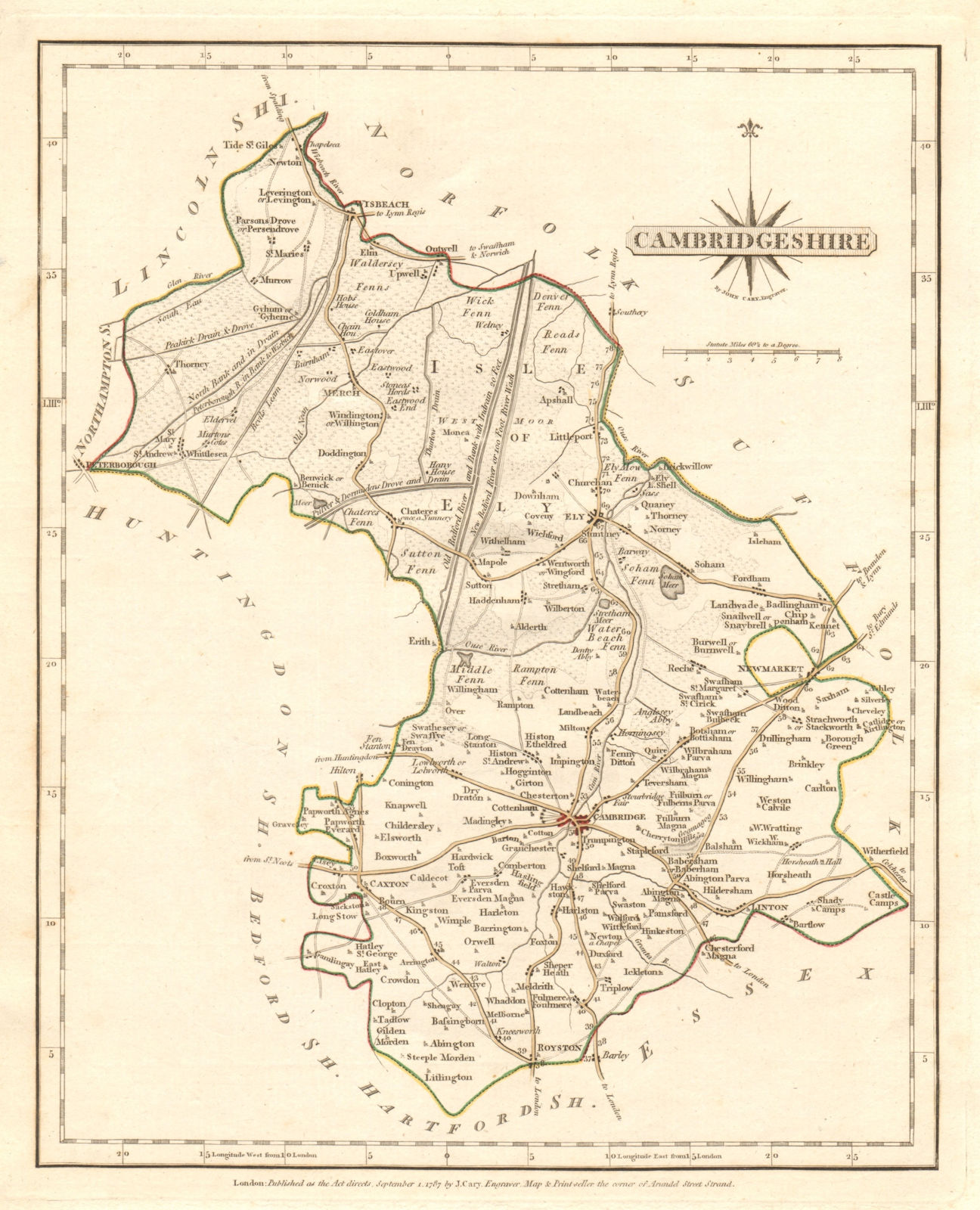 Associate Product Antique county map of CAMBRIDGESHIRE by JOHN CARY. Original outline colour 1787