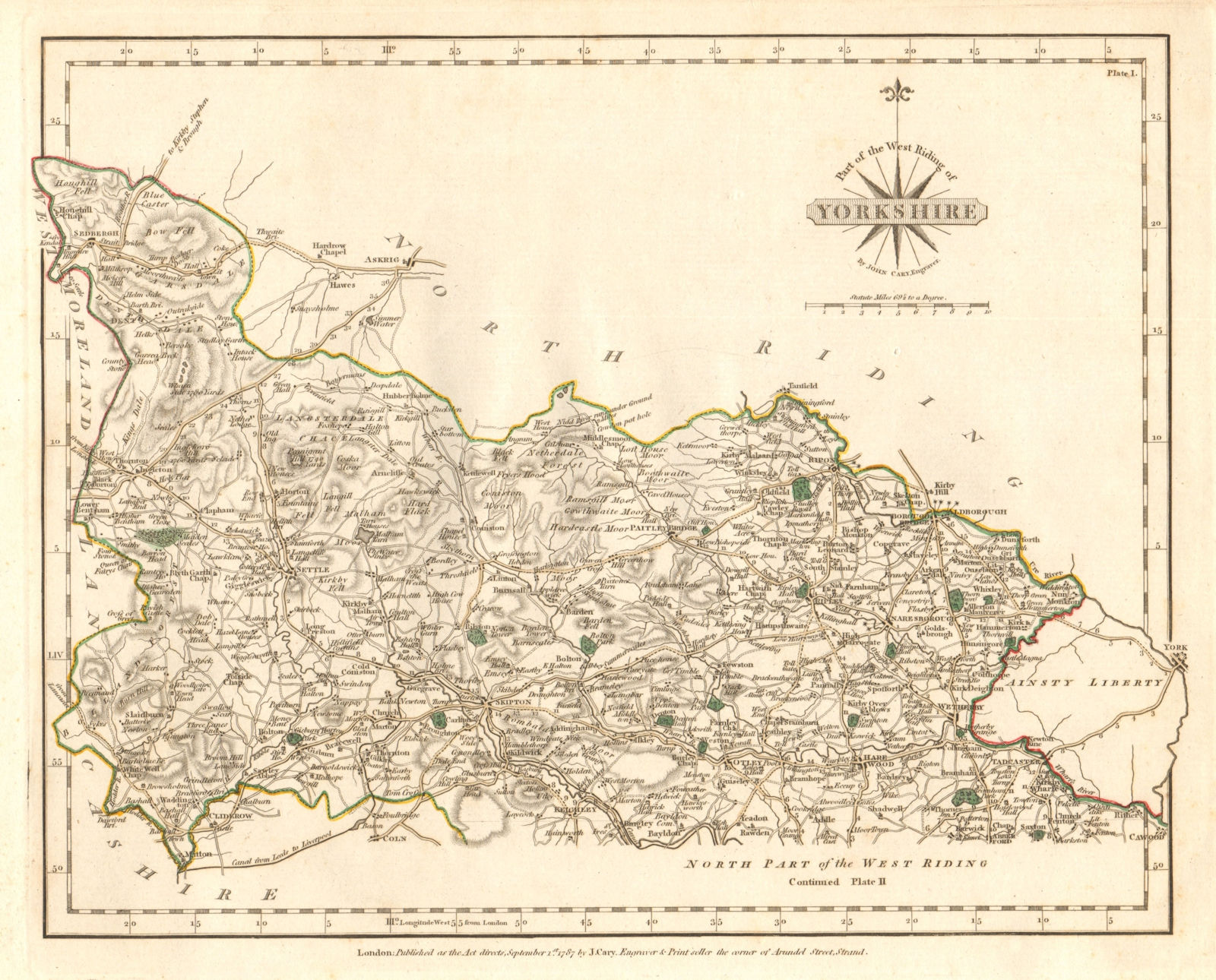 WEST RIDING OF YORKSHIRE-NORTH antique map by JOHN CARY. Original colour 1787