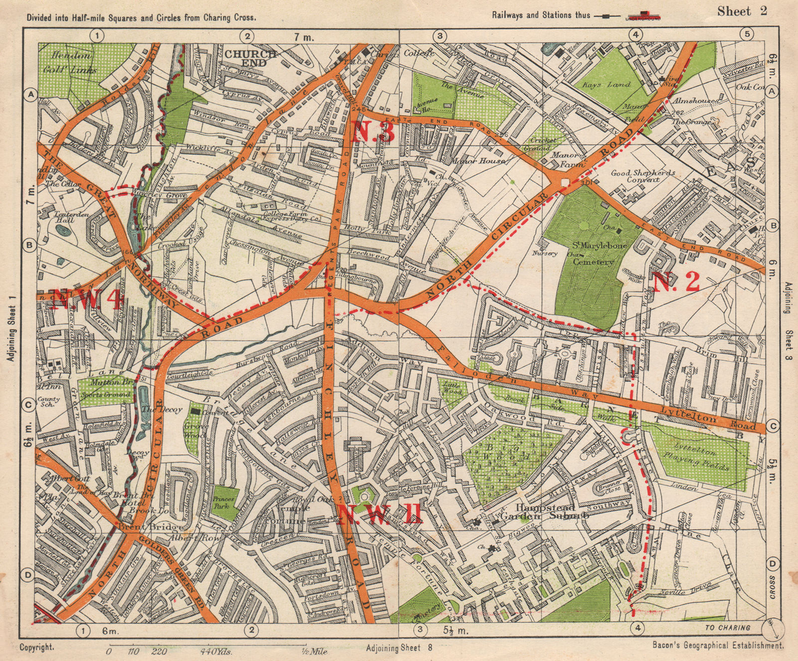 NW LONDON. Church End Hampstead Garden Suburb East Finchley. BACON 1938 map