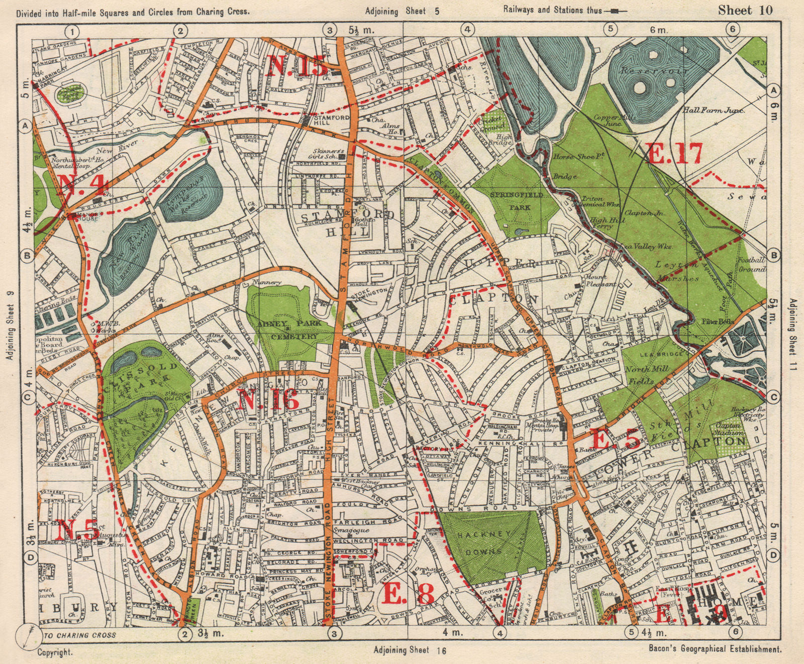 NE LONDON. Stoke Newington Stamford Hill Clapton South Tottenham BACON 1938 map