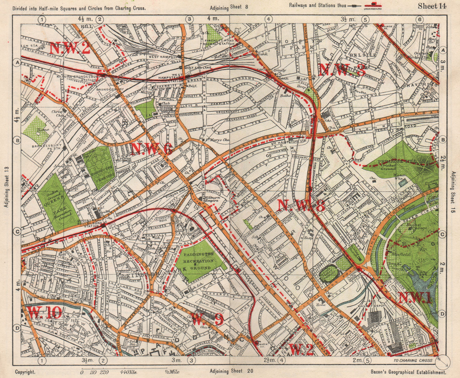 NW LONDON. St John's Wood Belsize Park Maida Vale Queens Park. BACON 1938 map