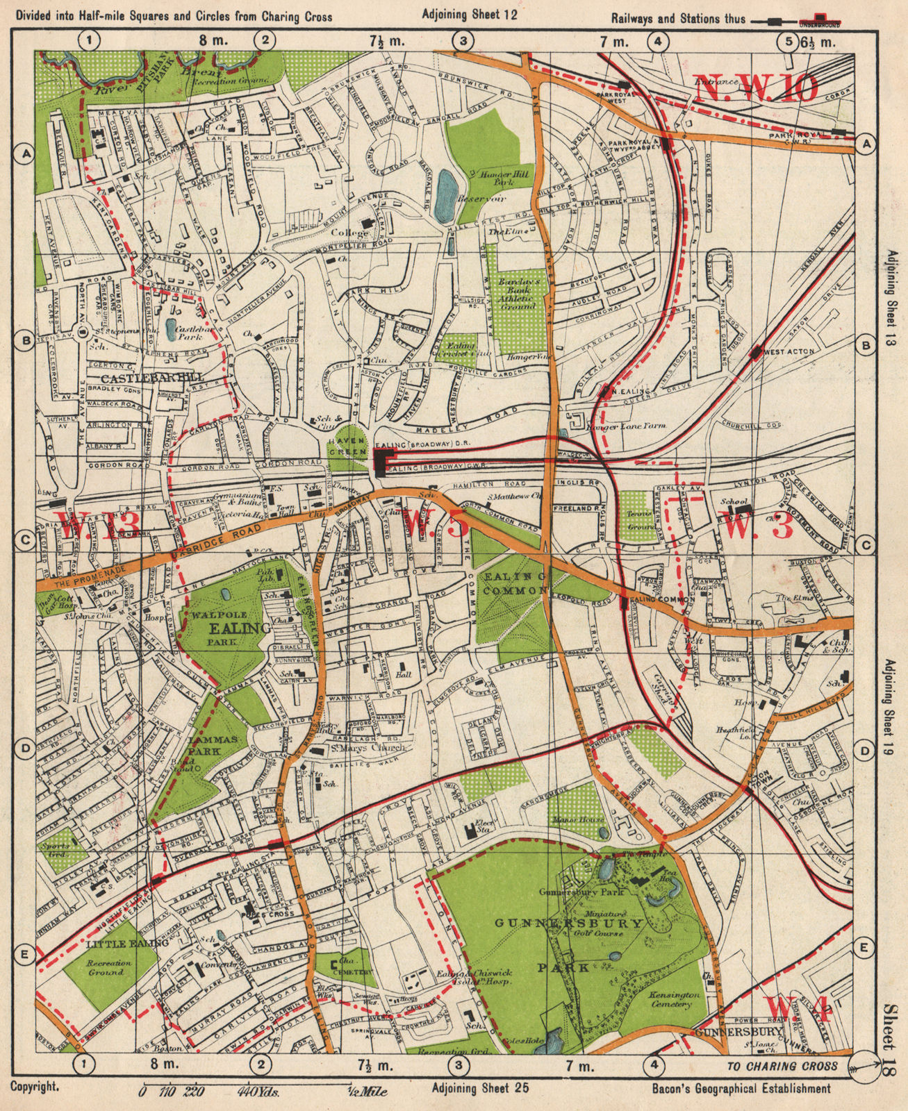 W LONDON. Ealing Park Royal West Acton Town Gunnersbury Park. BACON 1938 map
