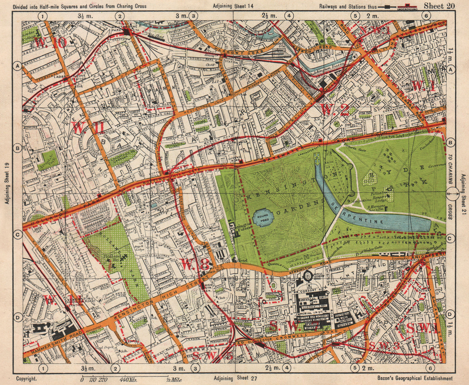 W LONDON. Paddington South Kensington Bayswater Notting Hill. BACON 1938 map