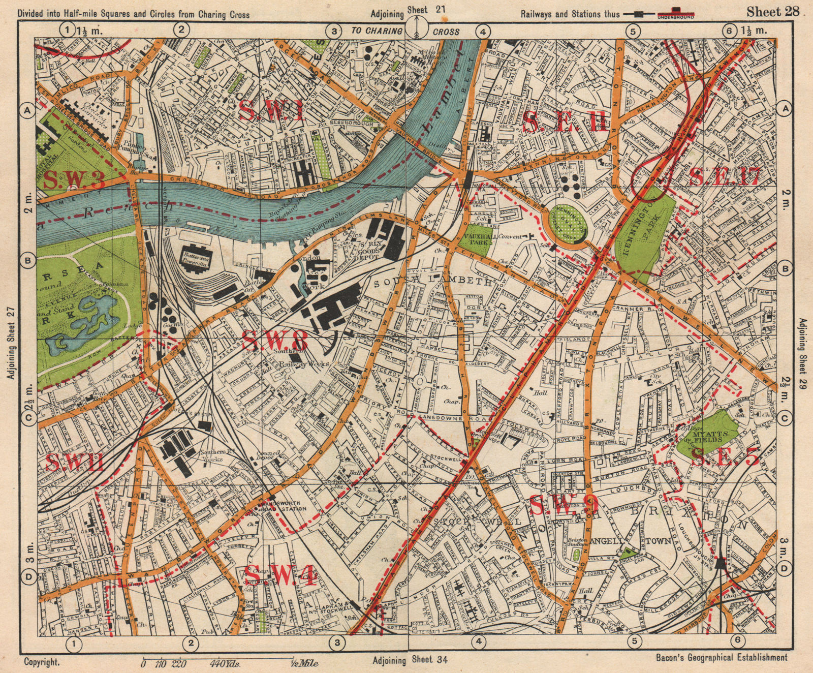 S LONDON. Kennington Battersea Pimlico Brixton Lambeth Clapham. BACON 1938 map