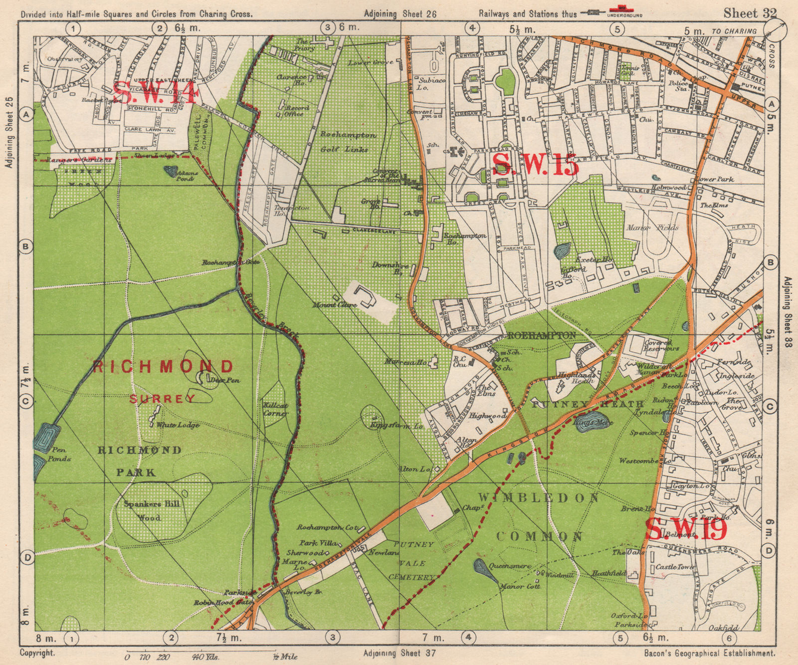 SW LONDON. Putney Roehampton Richmond Park Wimbledon Common. BACON 1938 map