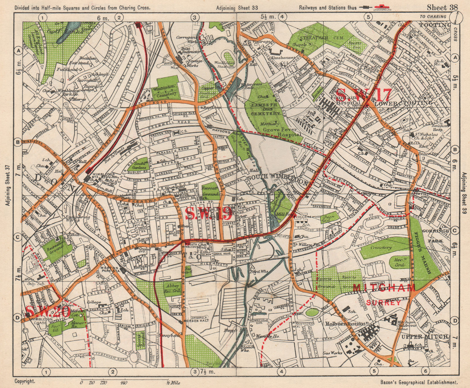 SW LONDON. Wimbledon Tooting Merton Morden Upper Mitcham. BACON 1938 old map