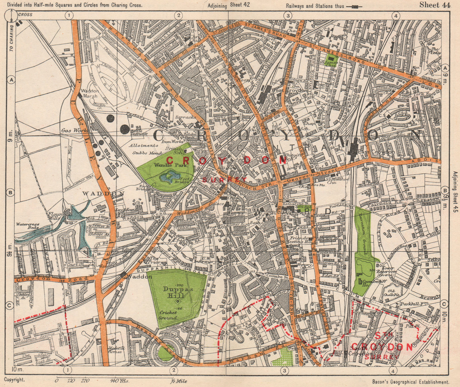 CROYDON. Waddon Addiscombe Duppas Hill South London. BACON 1938 old map