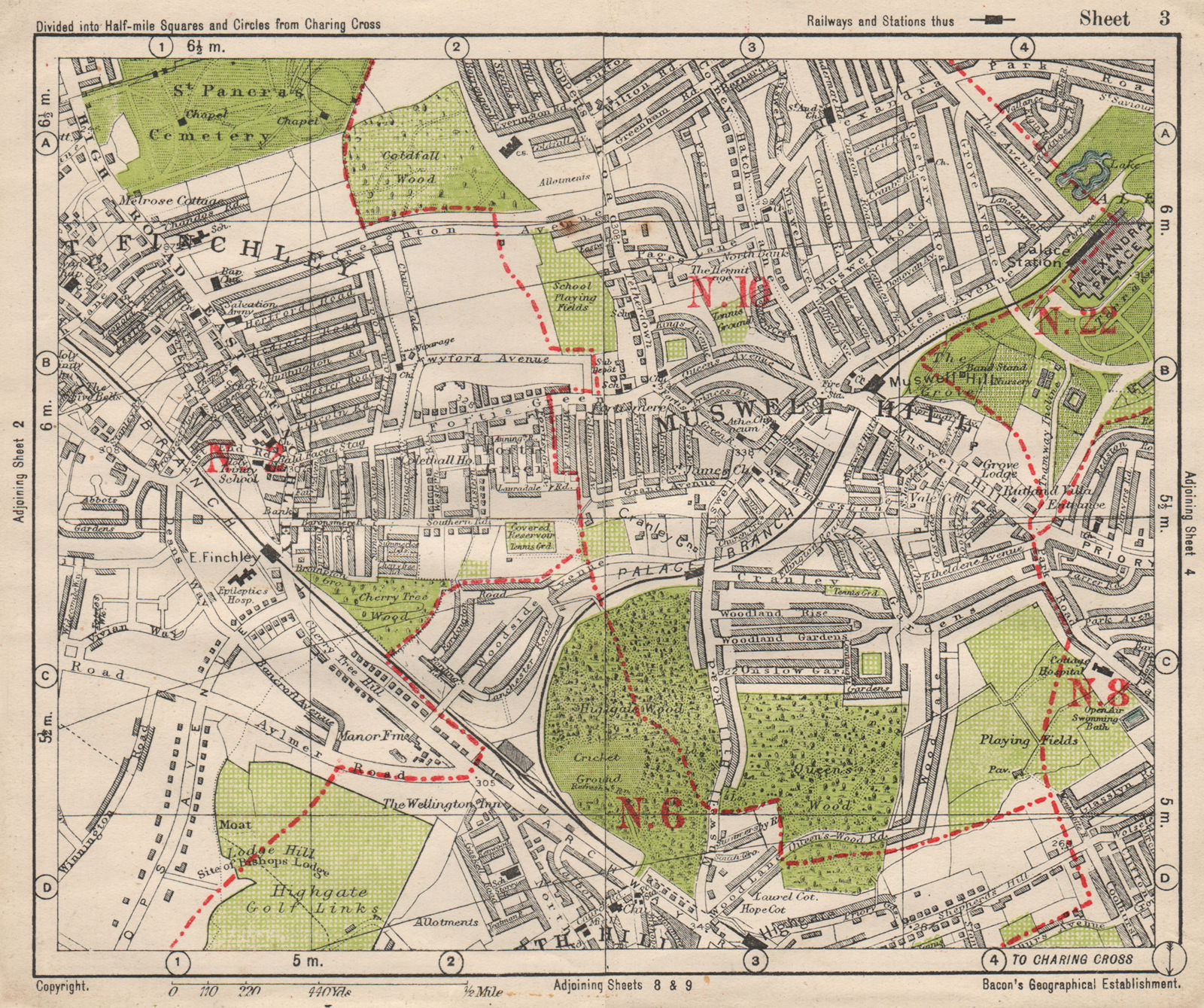 Associate Product N LONDON. East Finchley Muswell Hill Highgate Crystal Palace. BACON 1933 map