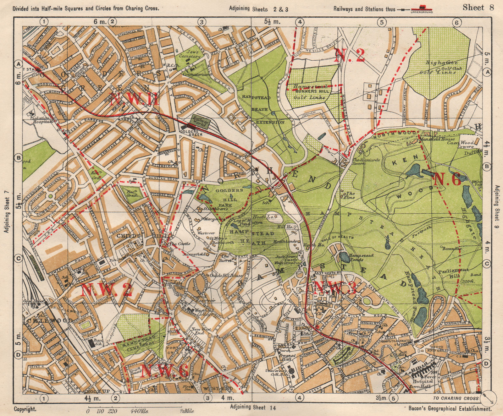 NW LONDON. Golders Green Hampstead Child's Hill Cricklewood. BACON 1933 map