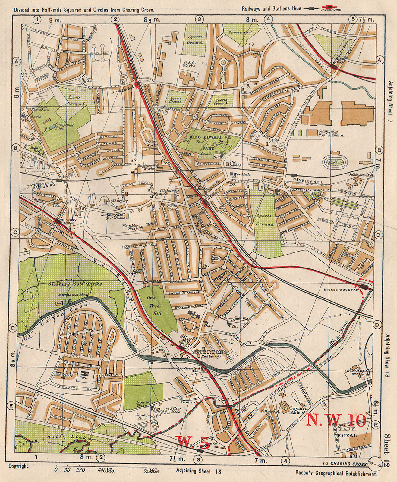Associate Product NW LONDON. Wembley Sudbury Alperton Park Royal Hanger Lane. BACON 1933 old map