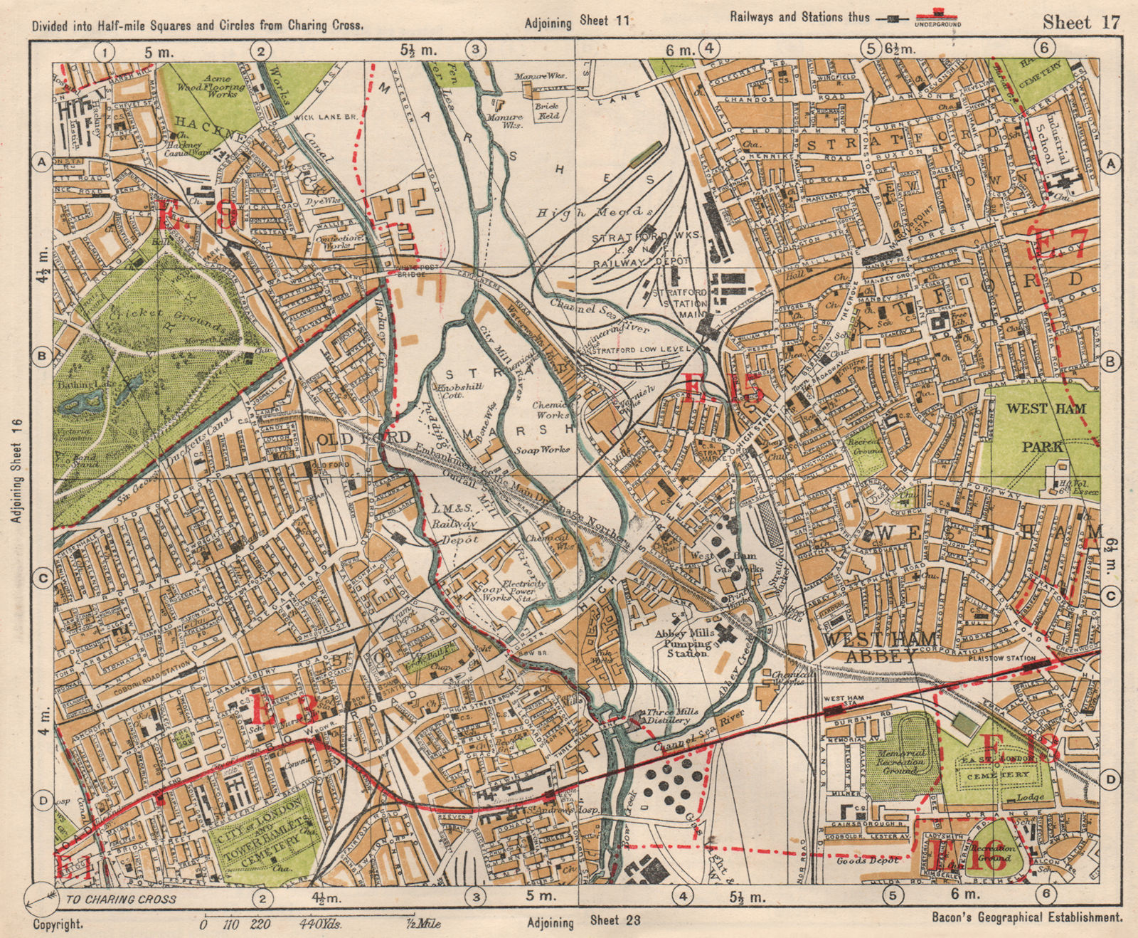 NE LONDON. Stratford Bow Hackney Wick West Ham Old Ford Plaistow.BACON 1933 map