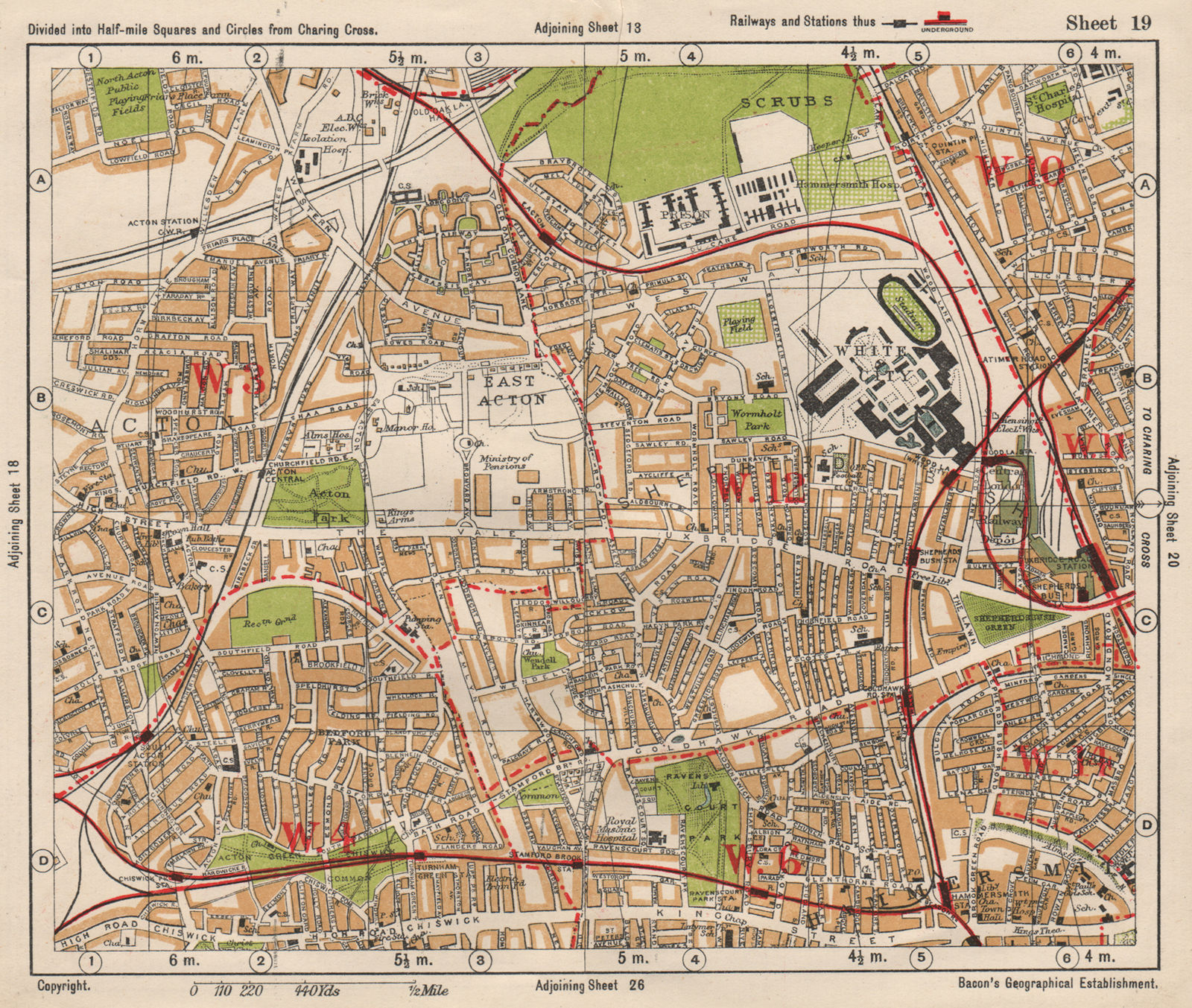 Associate Product W LONDON. Acton Shepherd's Bush Brook Green West Kensington. BACON 1933 map