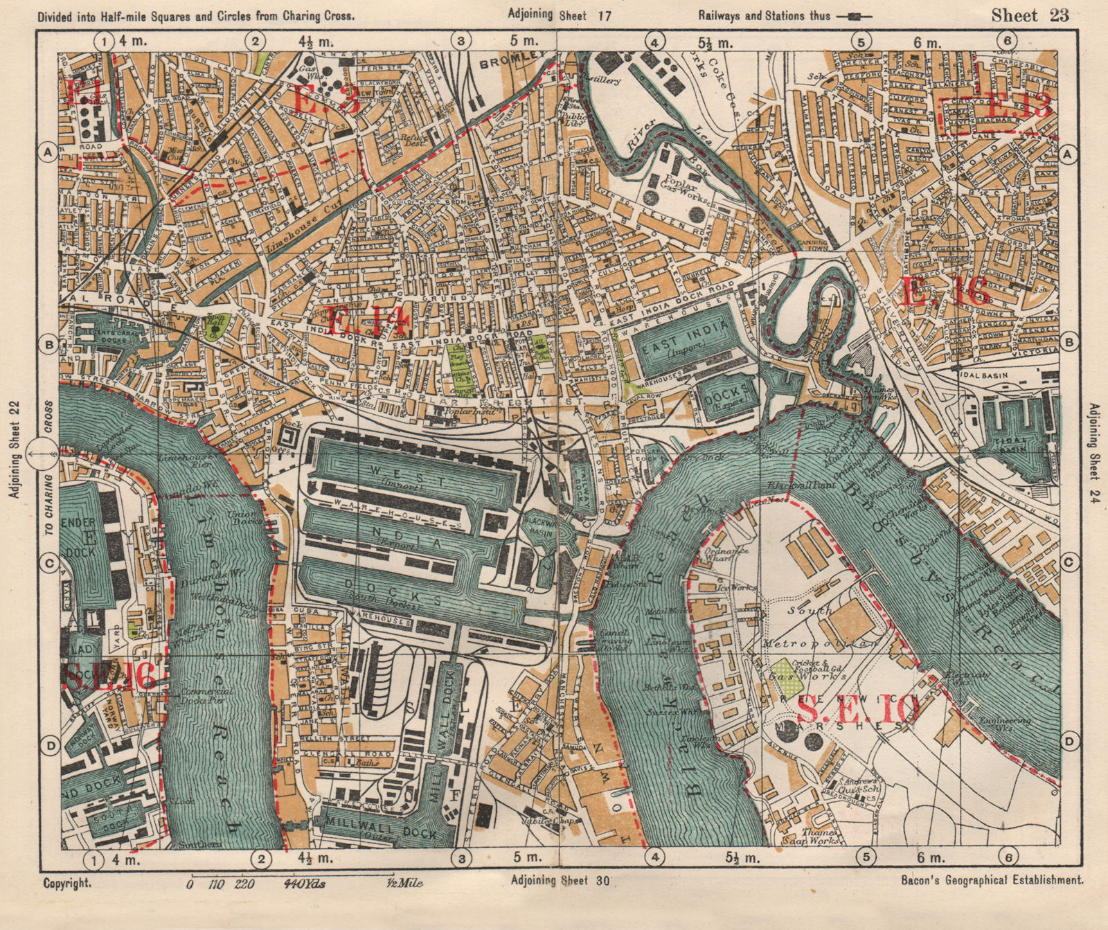 Associate Product E LONDON Surrey Docks Isle of Dogs Canning Town Poplar Limehouse.BACON 1933 map