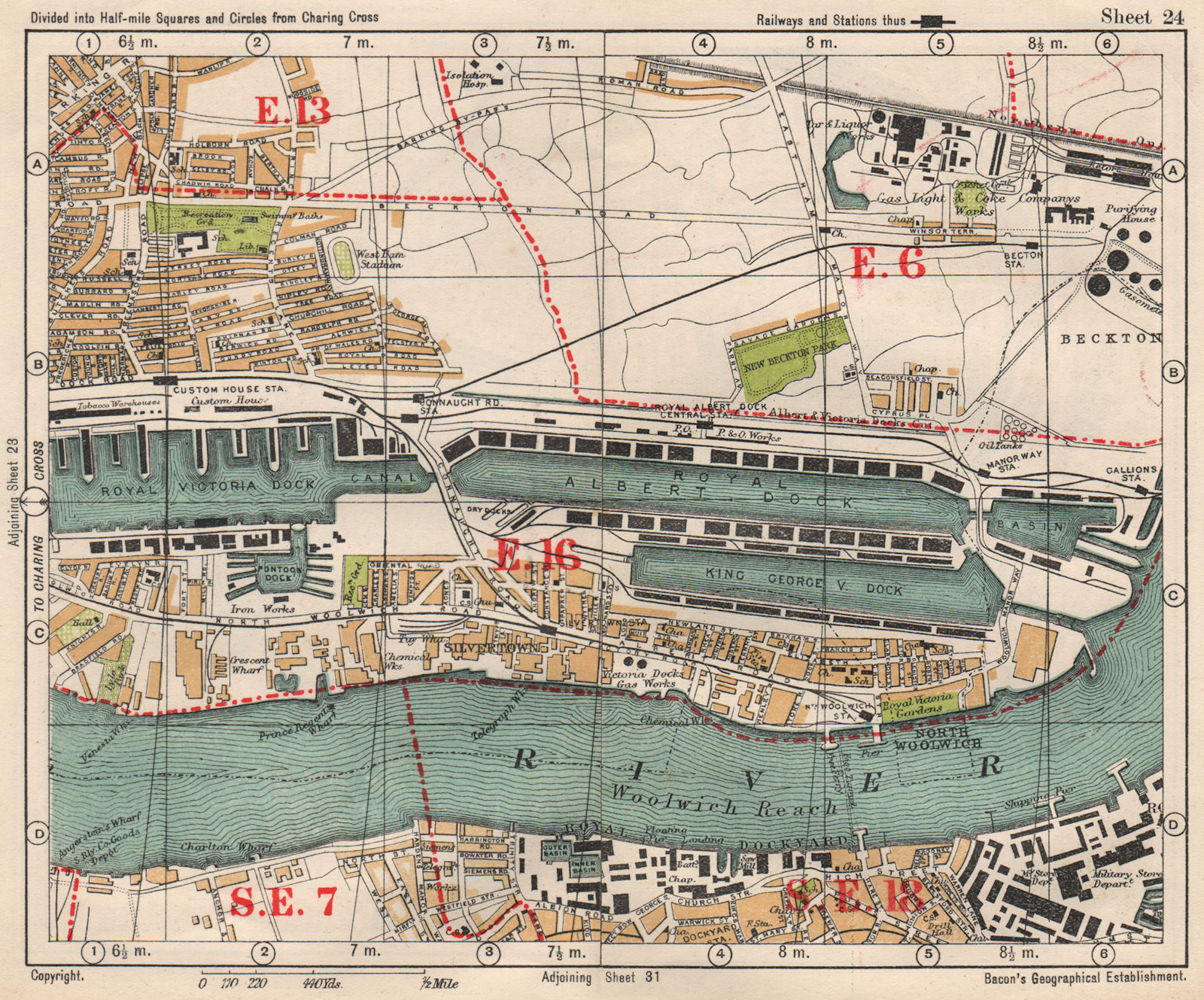 E LONDON Royal Victoria/Albert Docks Beckton Woolwich Silvertown.BACON 1933 map