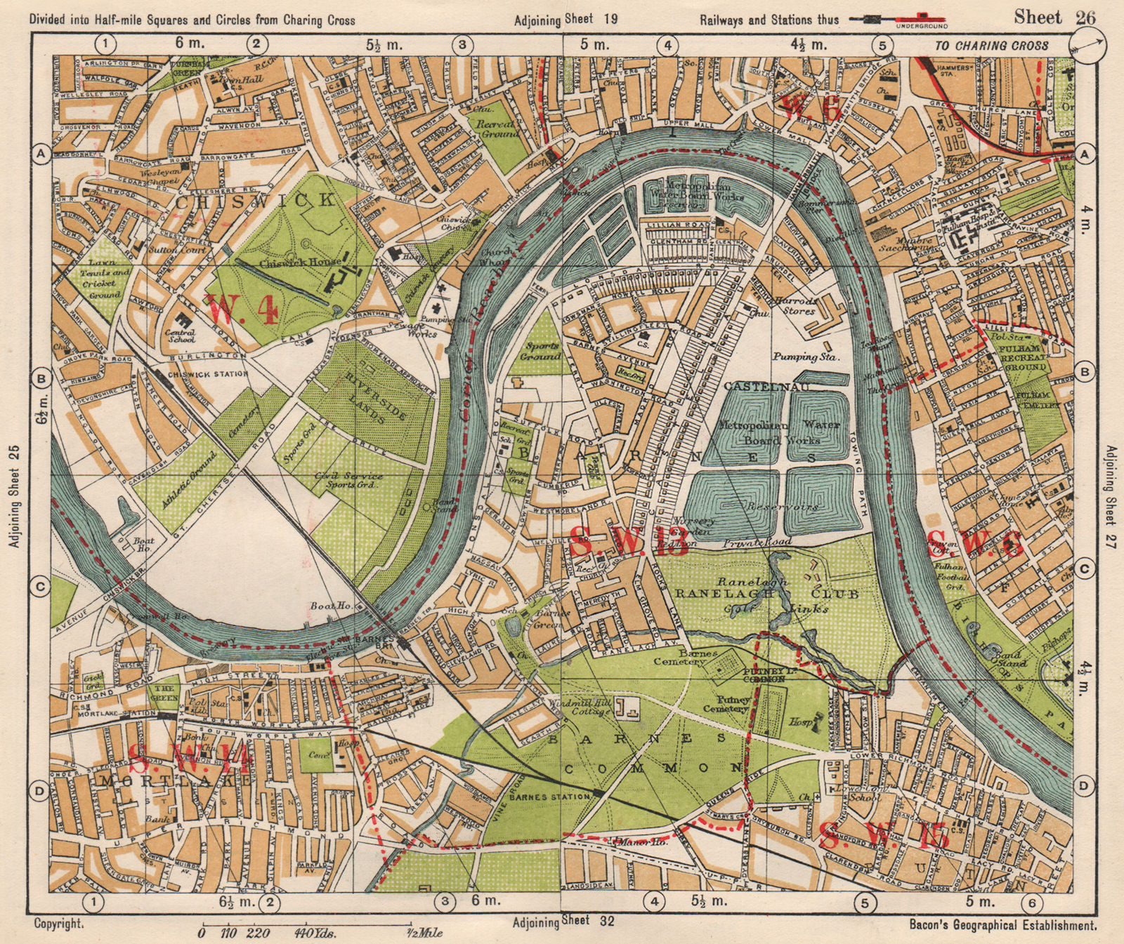 Associate Product SW LONDON. Chiswick Barnes Castlenau Fulham Hammersmith Mortlake.BACON 1933 map