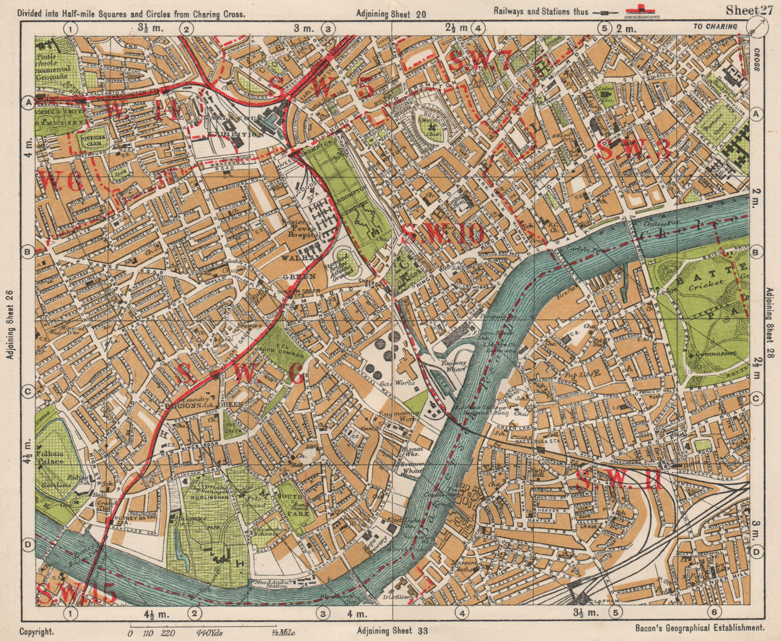 Associate Product SW LONDON. Fulham Chelsea Battersea Walham/Parson's Green. BACON 1933 old map