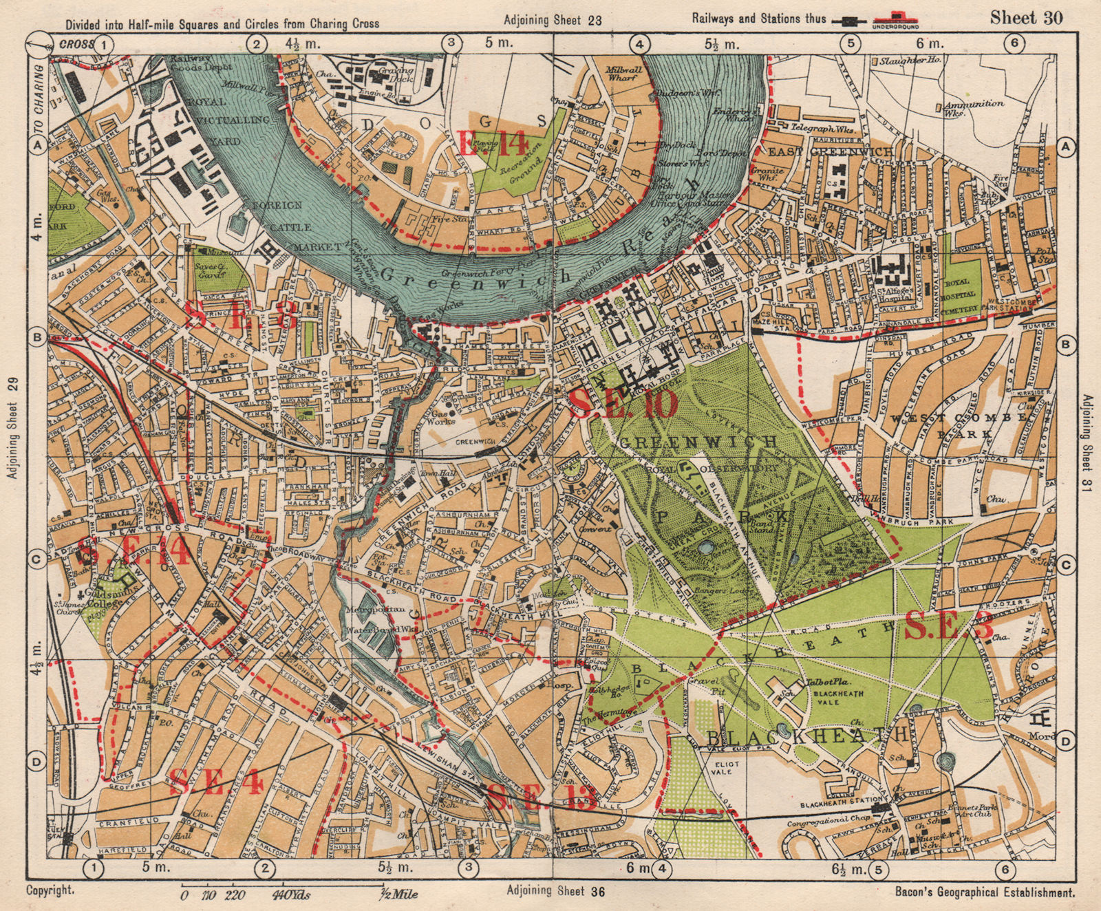 SE LONDON. Deptford Greenwich Cubitt Town Lewisham Blackheath. BACON 1933 map