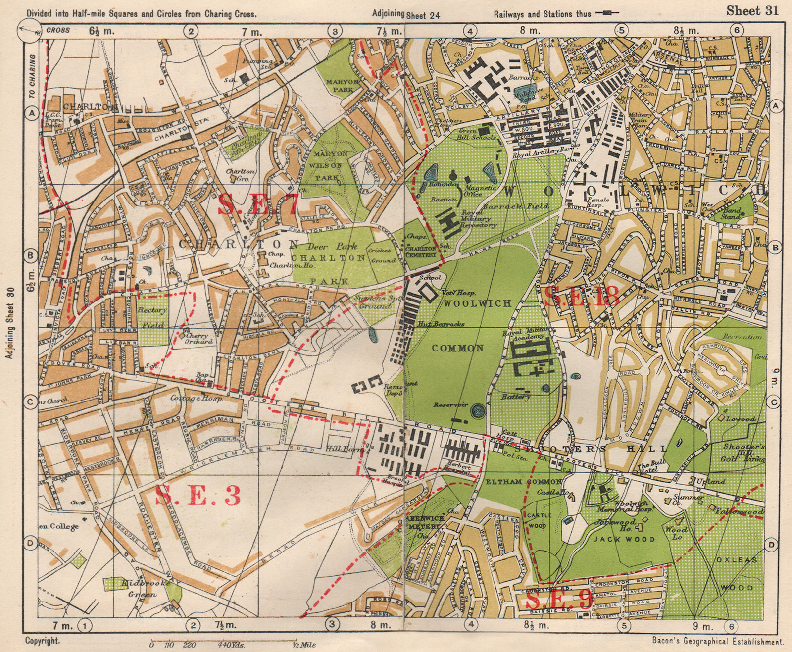 Associate Product SE LONDON. Charlton Woolwich Shooters Hill Eltham Kidbrooke. BACON 1933 map