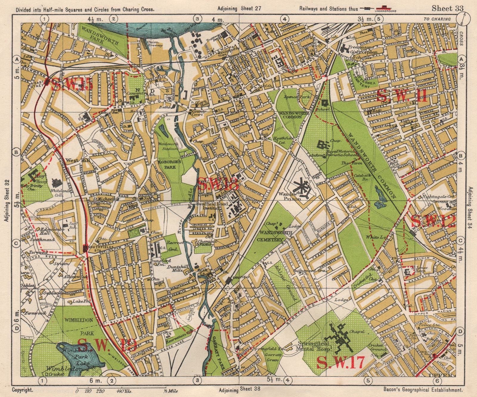 SW LONDON. Wandsworth E Putney Wimbledon Earlsfield Southfields. BACON 1933 map