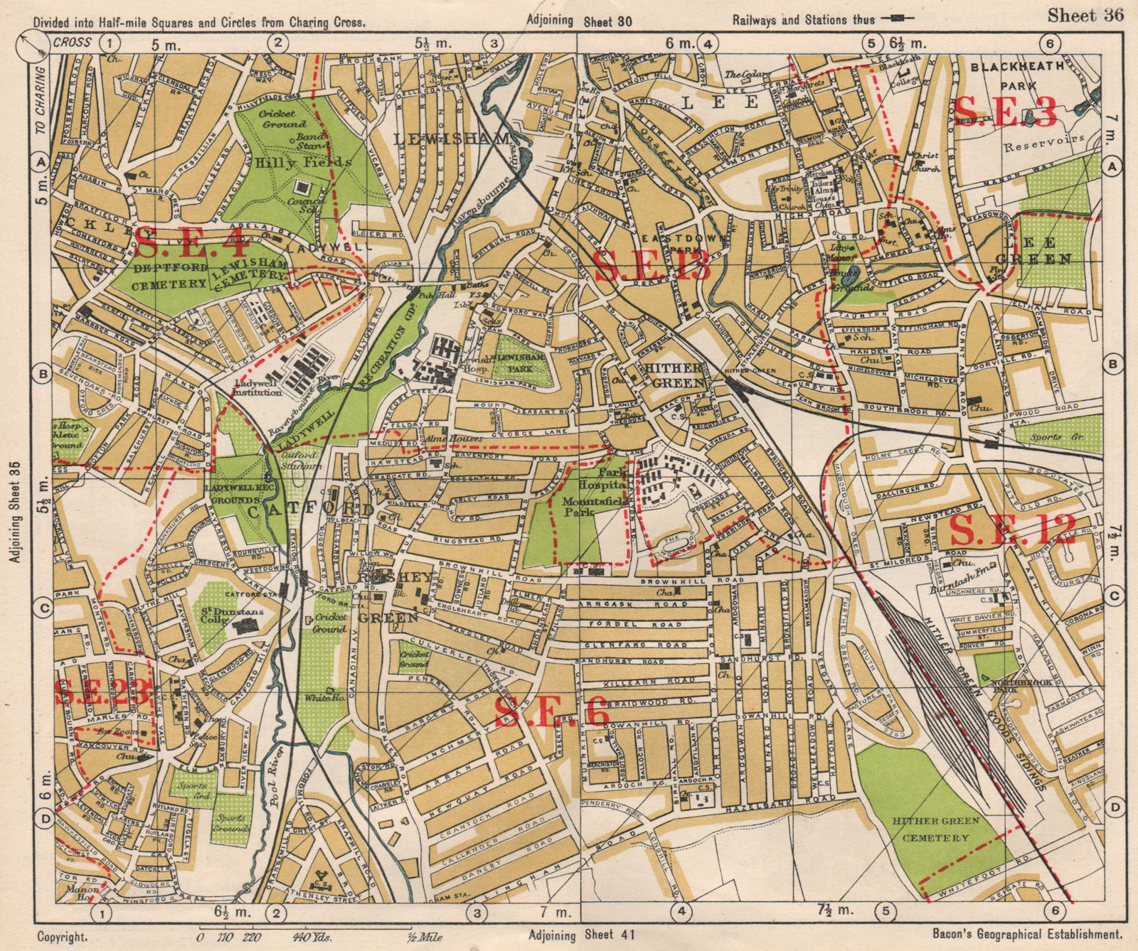 SE LONDON. Catford Hither/Rushey/Lee Green Lewisham Ladywell. BACON 1933 map