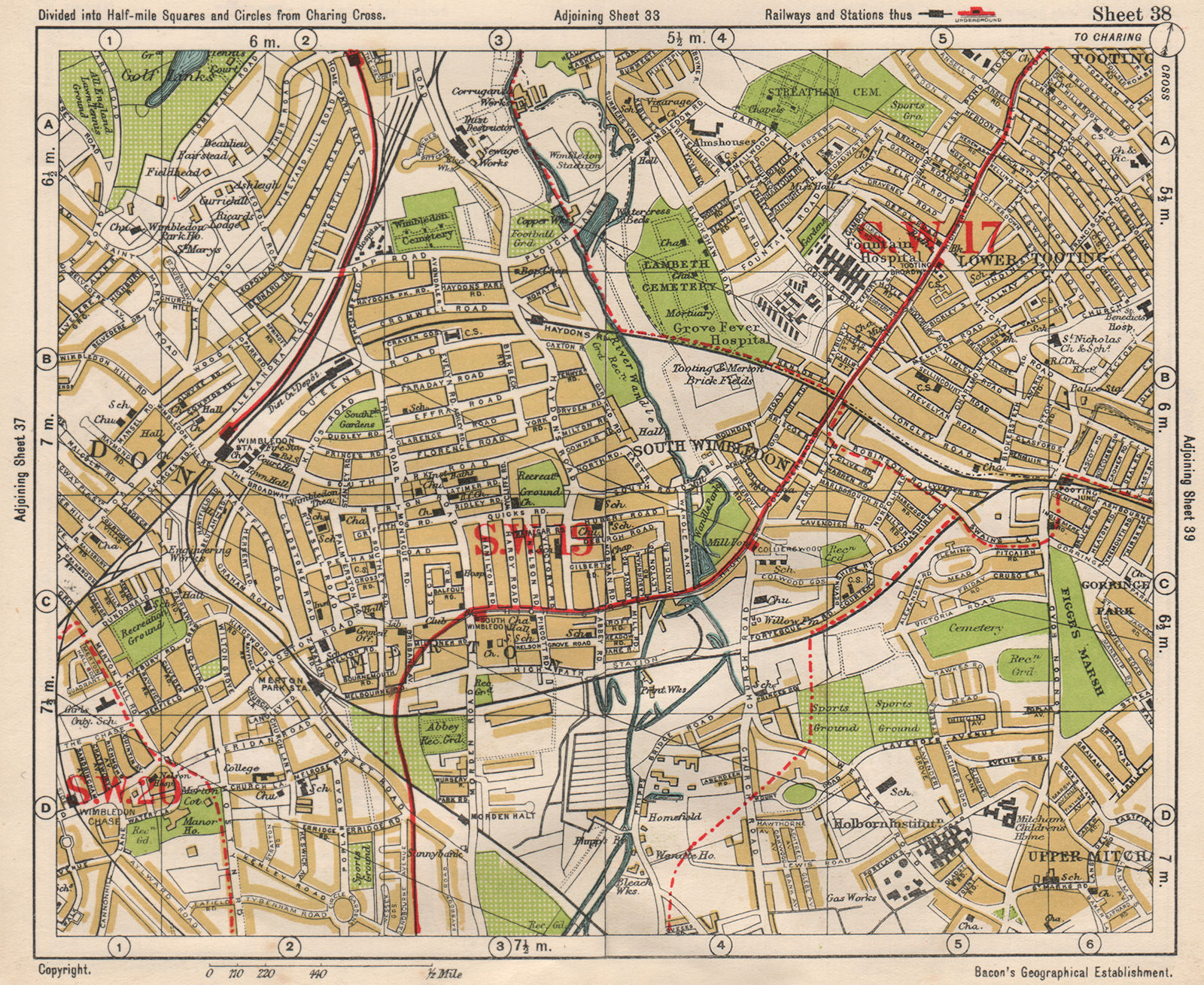 Associate Product SW LONDON. Wimbledon Tooting Merton Morden Upper Mitcham. BACON 1933 old map